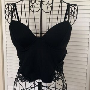 Black crop cami with lace detail and back zipper